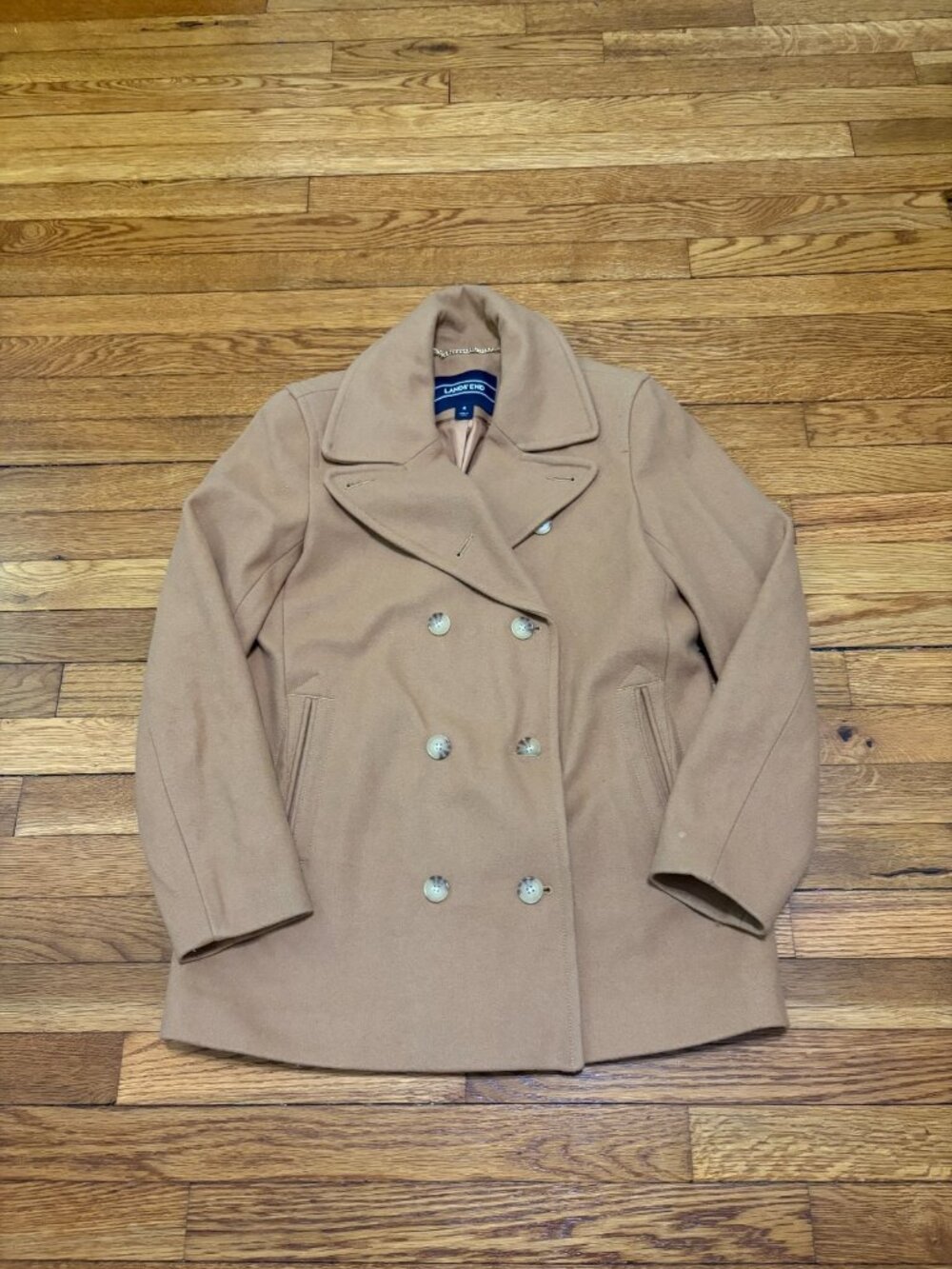 Lands' End Womens Pea Coat Sz 4 Tan Double Breasted Wool Blend Overcoat Peacoat